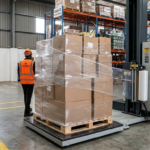 Automated turntable pallet wrapper machine with an industrial touchscreen control HMI panel wrapping a pallet of boxes.