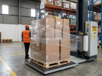 Automated turntable pallet wrapper machine with an industrial touchscreen control HMI panel wrapping a pallet of boxes.