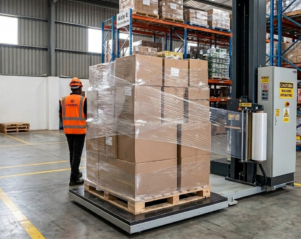 Automated turntable pallet wrapper machine with an industrial touchscreen control HMI panel wrapping a pallet of boxes.