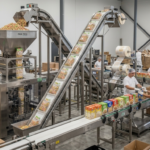 Automated dry food packaging equipment and conveyor line in operation at a manufacturing facility.