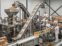 Automated dry food packaging equipment and conveyor line in operation at a manufacturing facility.