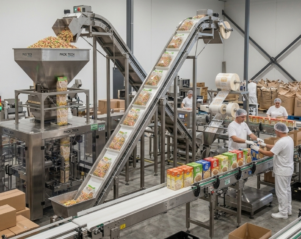 Automated dry food packaging equipment and conveyor line in operation at a manufacturing facility.