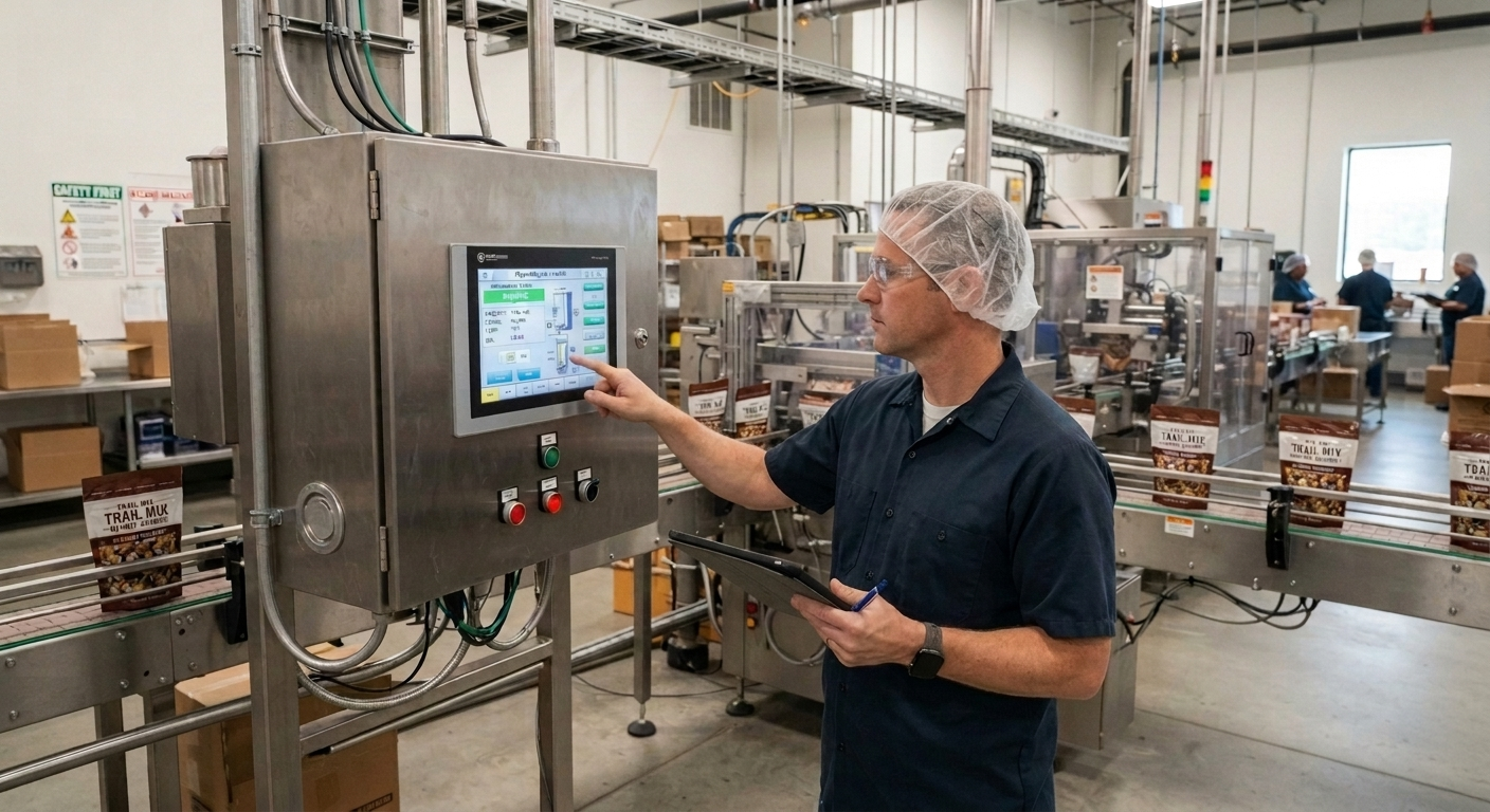 A plant operator using a touchscreen HMI control panel integrated into a stainless steel enclosure on a food packaging production line.