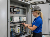 Automation technician inspecting electrical components inside an open stainless steel control panel enclosure.