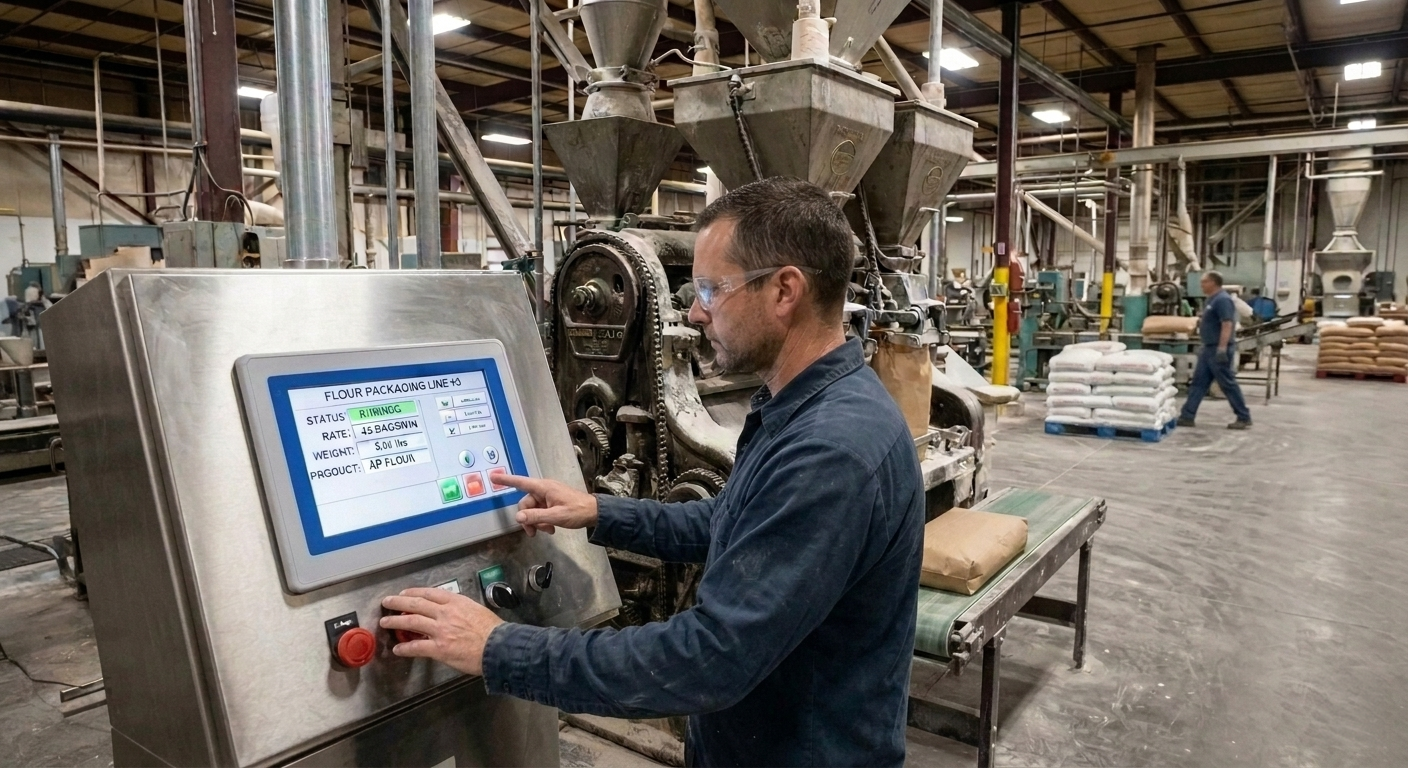Industrial operator using a modern touchscreen HMI panel to control a legacy flour packing machine during a system integration upgrade.