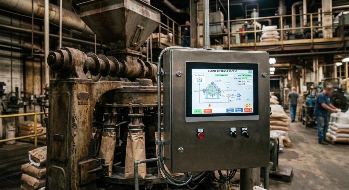 An old industrial sugar bagging machine in a refinery factory updated with a brand new stainless steel HMI touchscreen control panel.