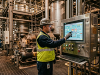 A plant operator wearing a hard hat and safety vest interacting with an industrial HMI touchscreen panel integrated into a stainless steel enclosure at a sugar refining facility.