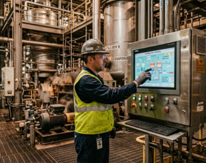 A plant operator wearing a hard hat and safety vest interacting with an industrial HMI touchscreen panel integrated into a stainless steel enclosure at a sugar refining facility.
