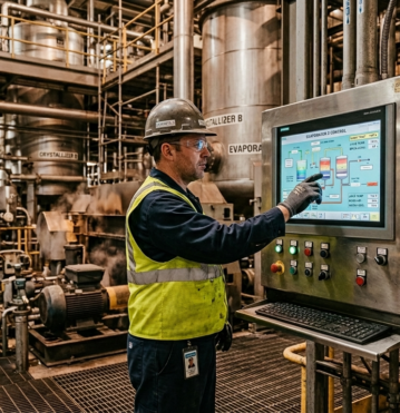 A plant operator wearing a hard hat and safety vest interacting with an industrial HMI touchscreen panel integrated into a stainless steel enclosure at a sugar refining facility.